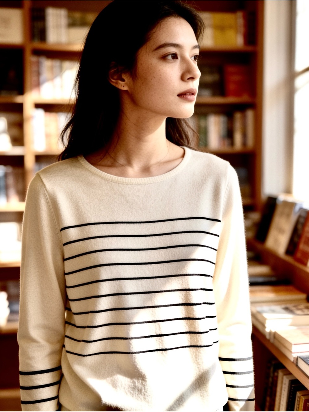 august silk Cream and Black Striped Long-Sleeve Knit Top- Size Medium